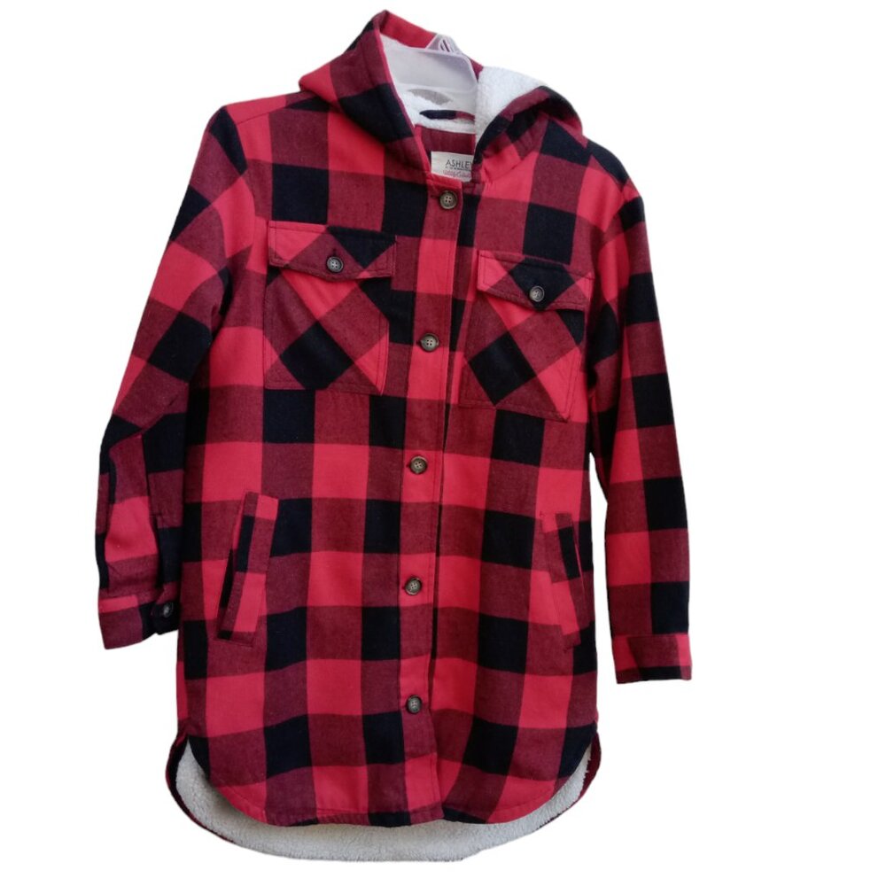 Ashley by 26 International plaid fleece hooded jacket sz M